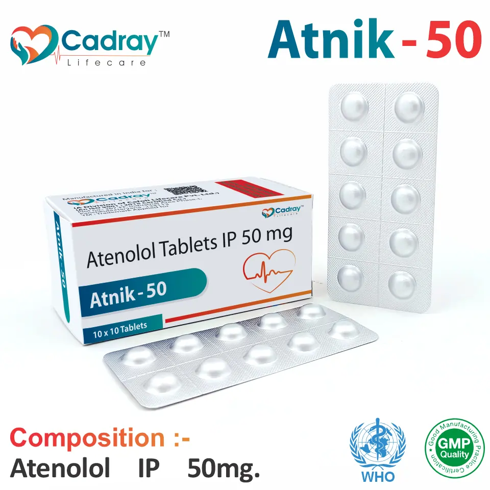 Atnik 50 Tablet with Atenolol 50mg supports hypertension and cardiovascular care. WHO GMP certified, offering the best price for PCD pharma franchise, third-party manufacturing & export.